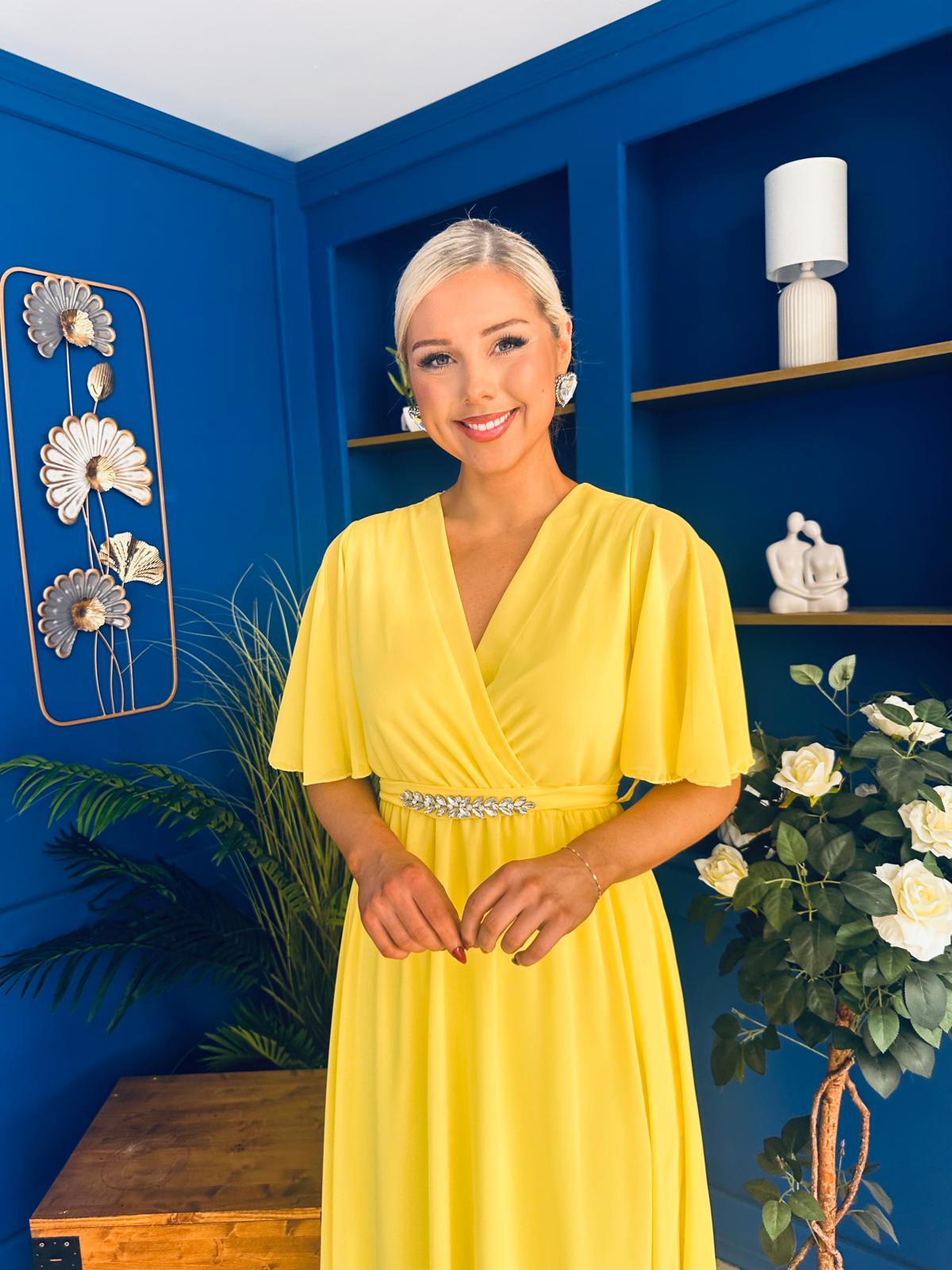 Darcy Embellished Belt Midi Dress Yellow