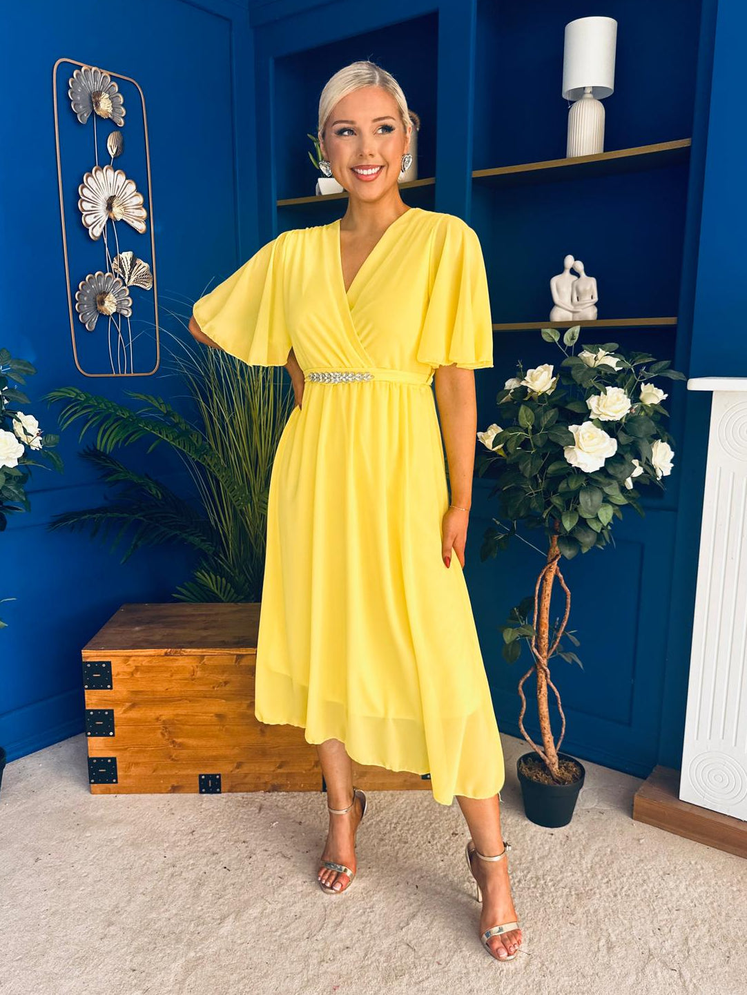 Darcy Embellished Belt Midi Dress Yellow