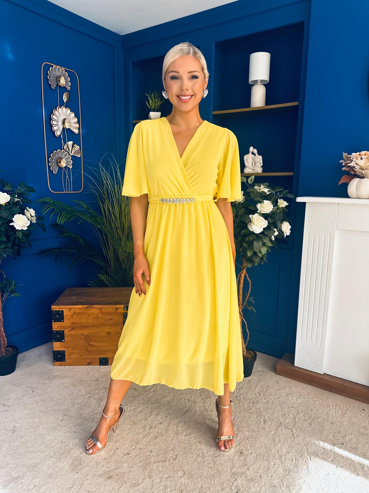 Darcy Embellished Belt Midi Dress Yellow