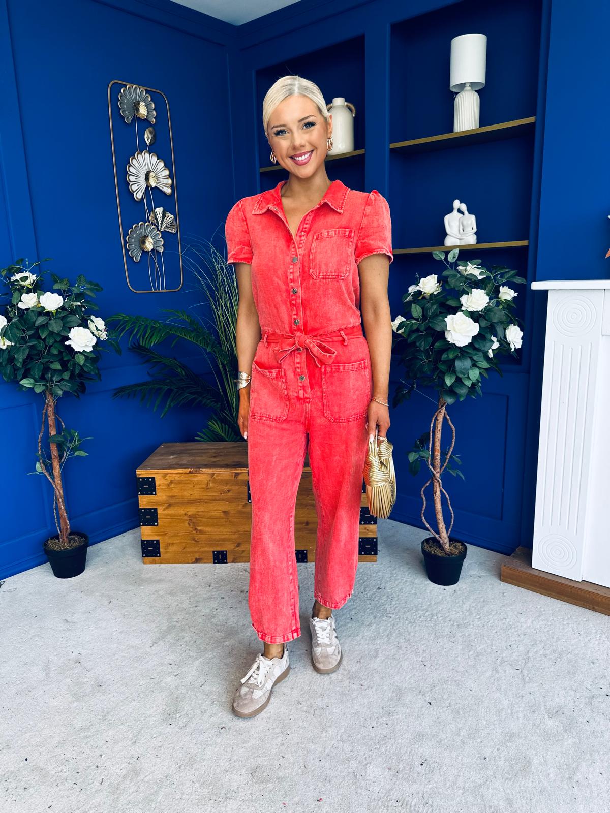 Marissa Short Sleeve Denim Jumpsuit Coral PRE ORDER Arriving 11 March