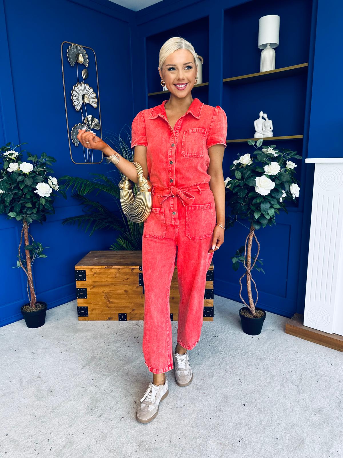 Marissa Short Sleeve Denim Jumpsuit Coral PRE ORDER Arriving 11 March