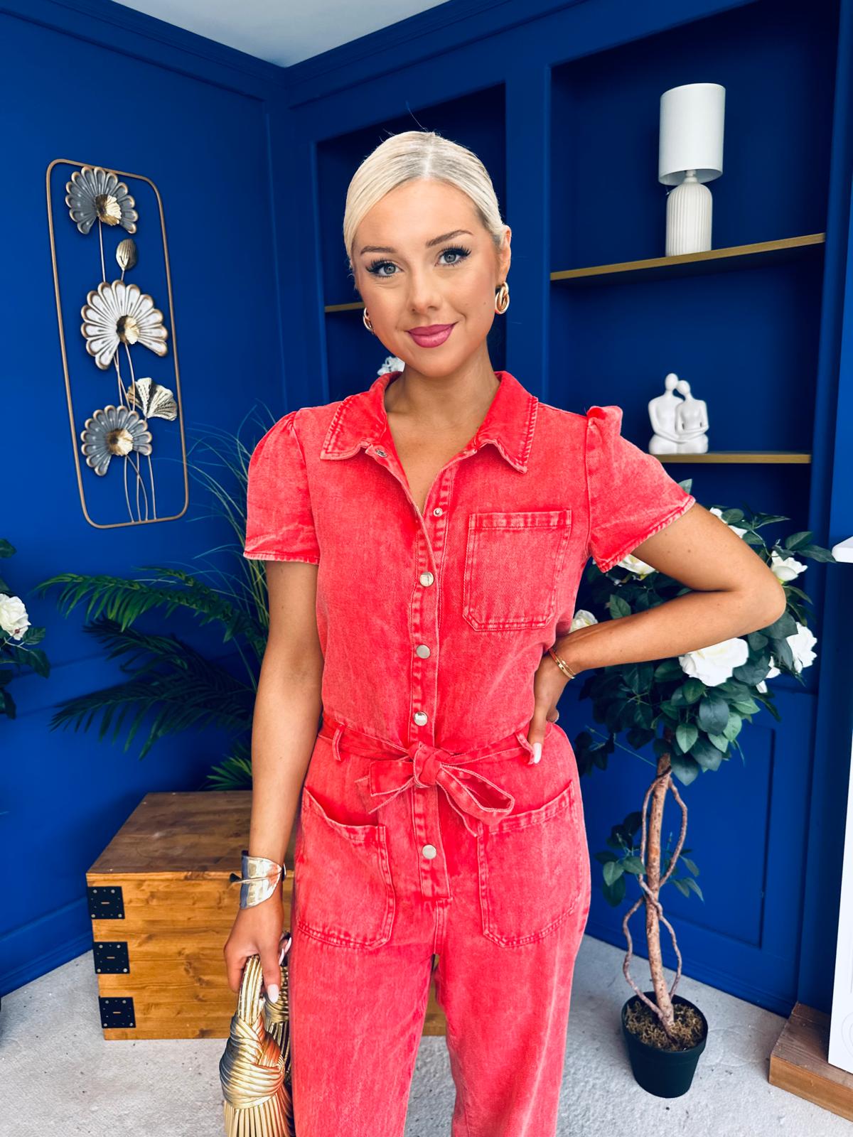 Marissa Short Sleeve Denim Jumpsuit Coral PRE ORDER Arriving 11 March