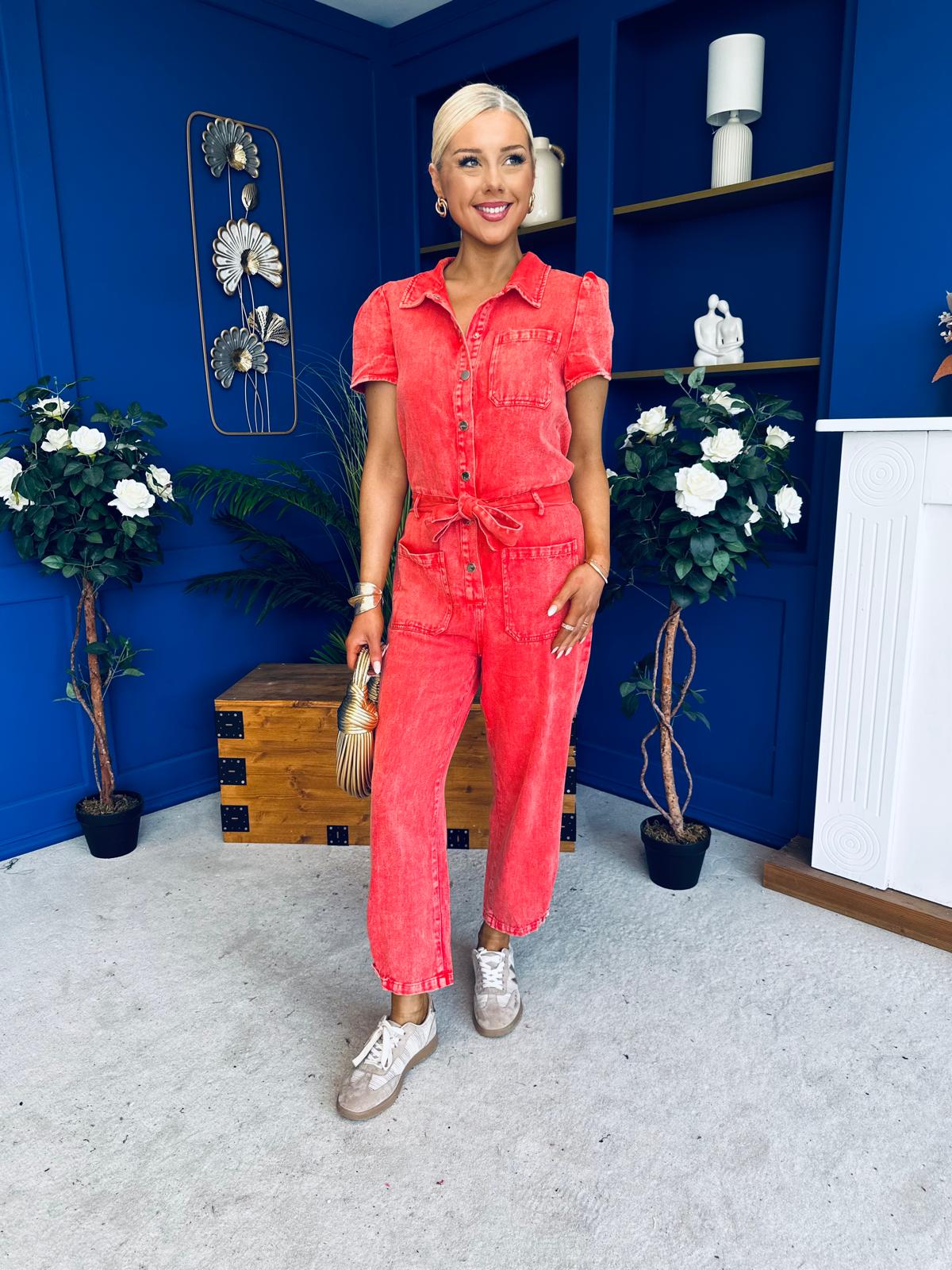 Marissa Short Sleeve Denim Jumpsuit Coral PRE ORDER Arriving 11 March