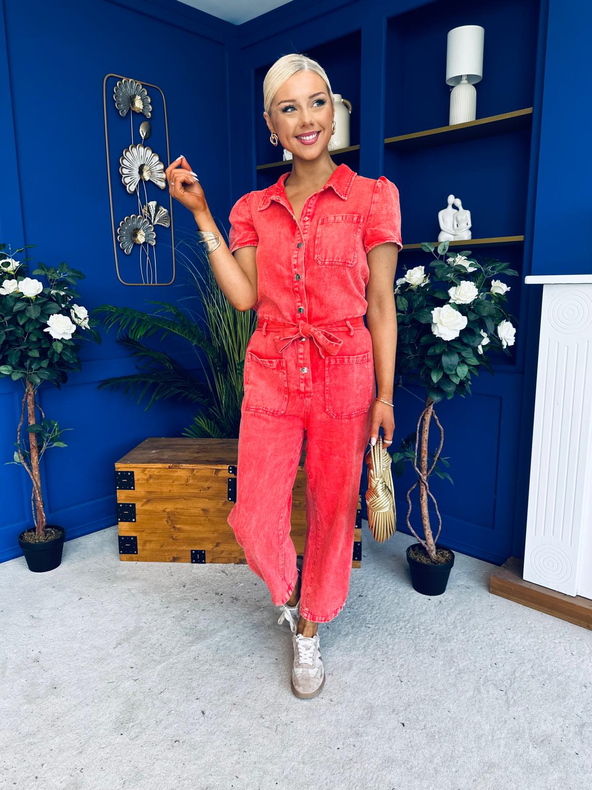 Marissa Short Sleeve Denim Jumpsuit Coral PRE ORDER Arriving 11 March