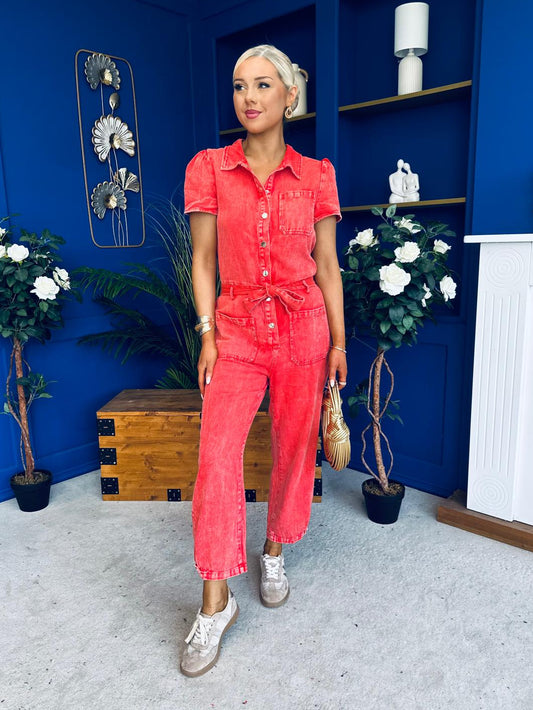 Marissa Short Sleeve Denim Jumpsuit Coral PRE ORDER Arriving 11 March