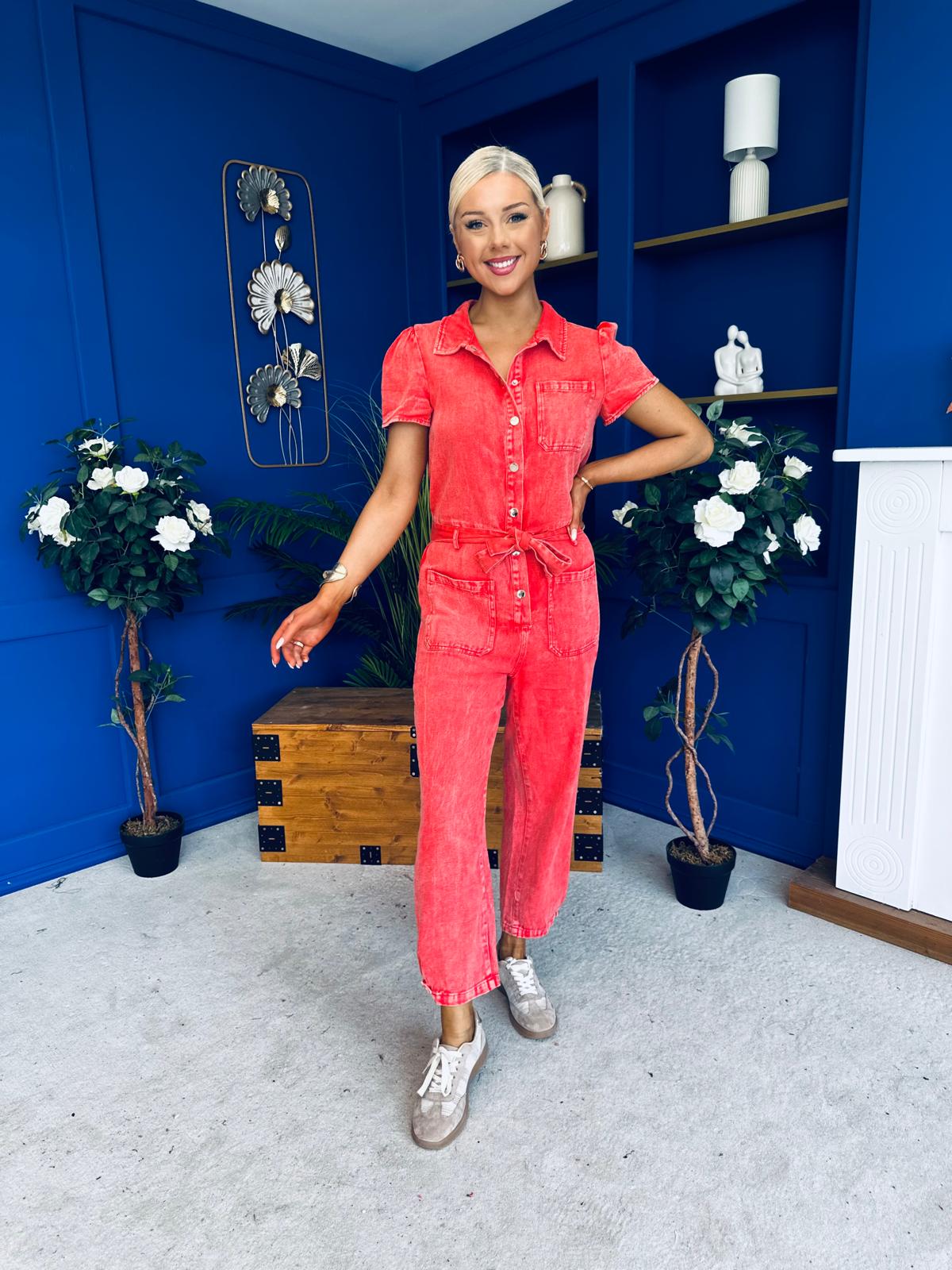 Marissa Short Sleeve Denim Jumpsuit Coral PRE ORDER Arriving 11 March