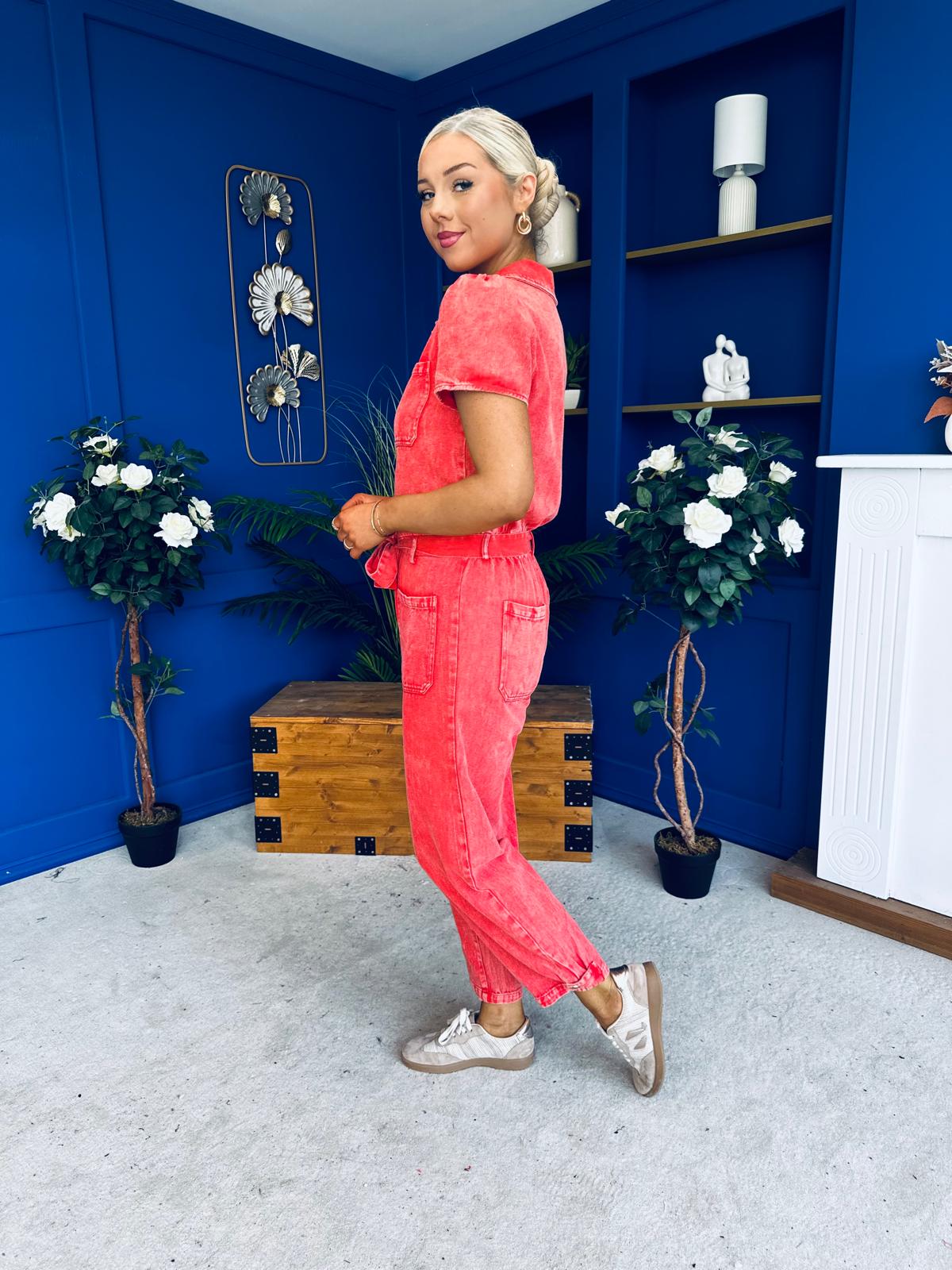 Marissa Short Sleeve Denim Jumpsuit Coral PRE ORDER Arriving 11 March
