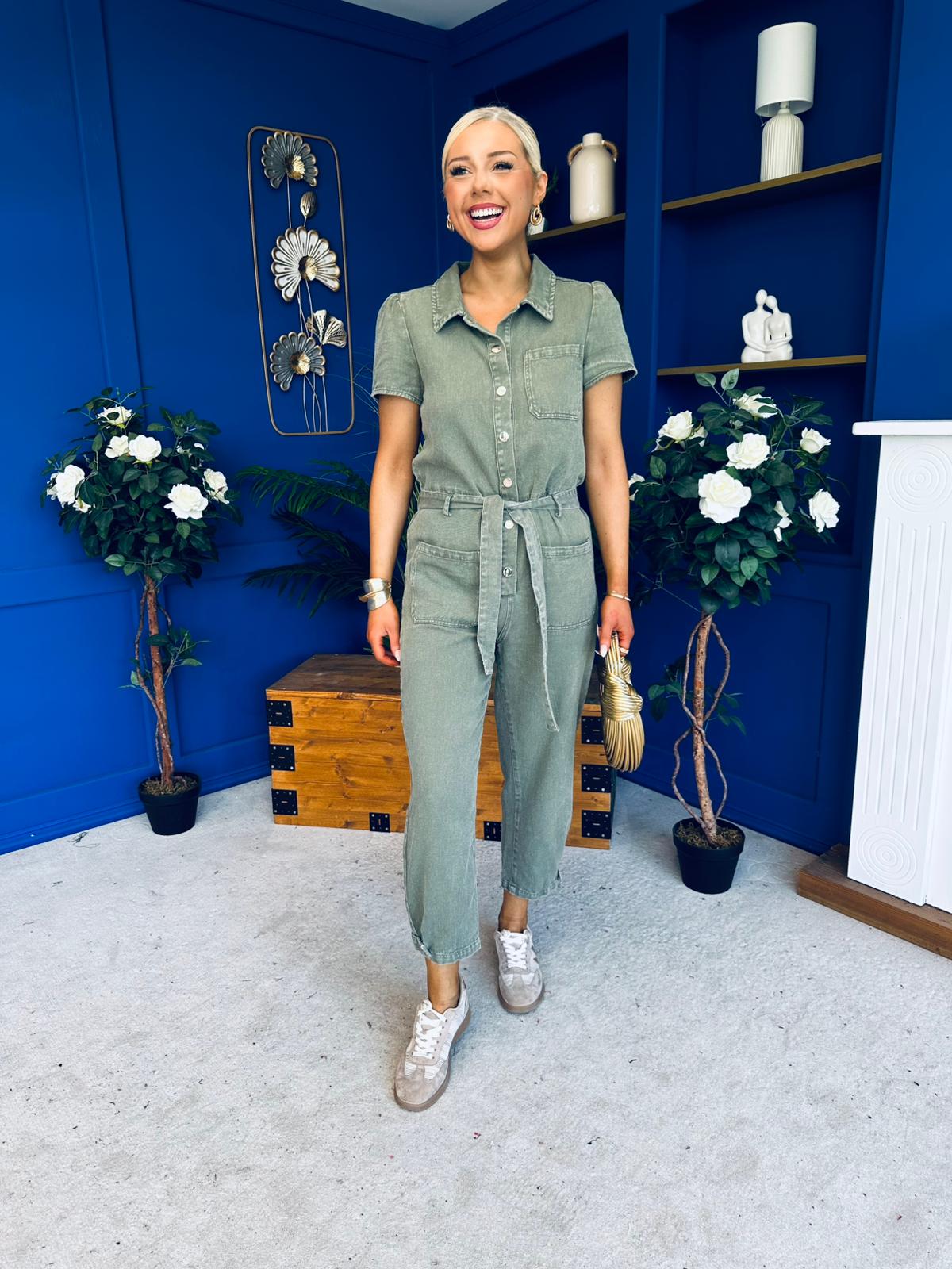 Marissa Short Sleeve Denim Jumpsuit Khaki PRE ORDER Arriving 11 March