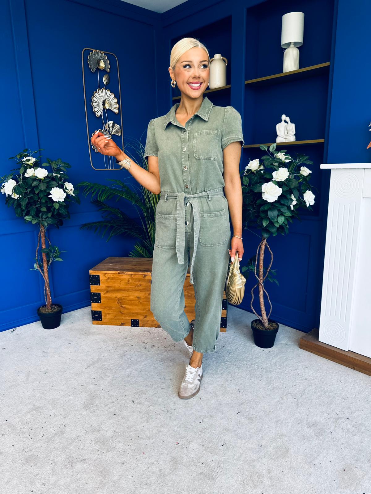 Marissa Short Sleeve Denim Jumpsuit Khaki PRE ORDER Arriving 11 March