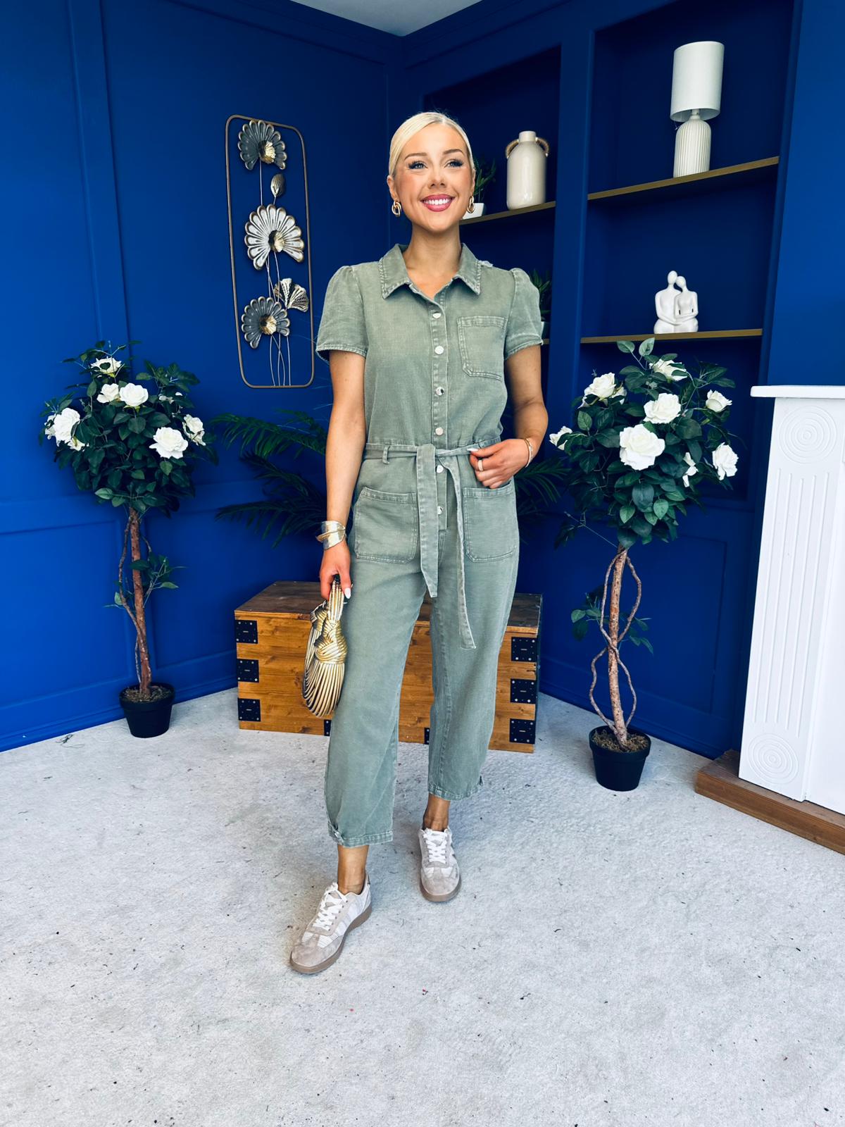Marissa Short Sleeve Denim Jumpsuit Khaki PRE ORDER Arriving 11 March