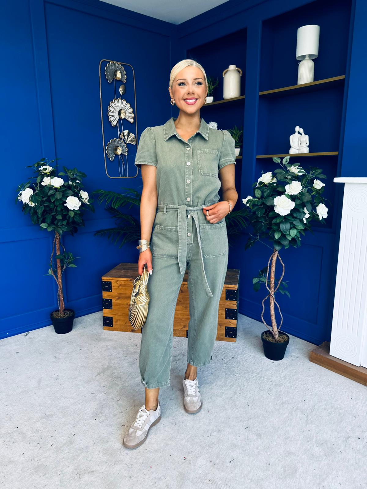 Marissa Short Sleeve Denim Jumpsuit Khaki PRE ORDER Arriving 11 March