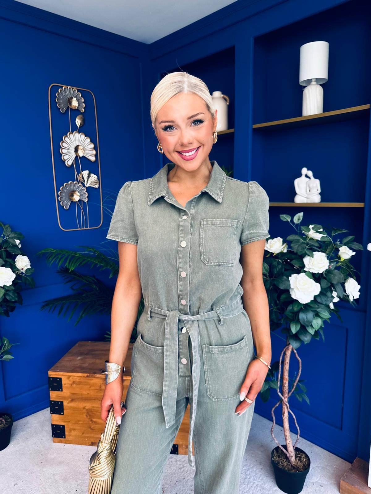 Marissa Short Sleeve Denim Jumpsuit Khaki – Canella Lane