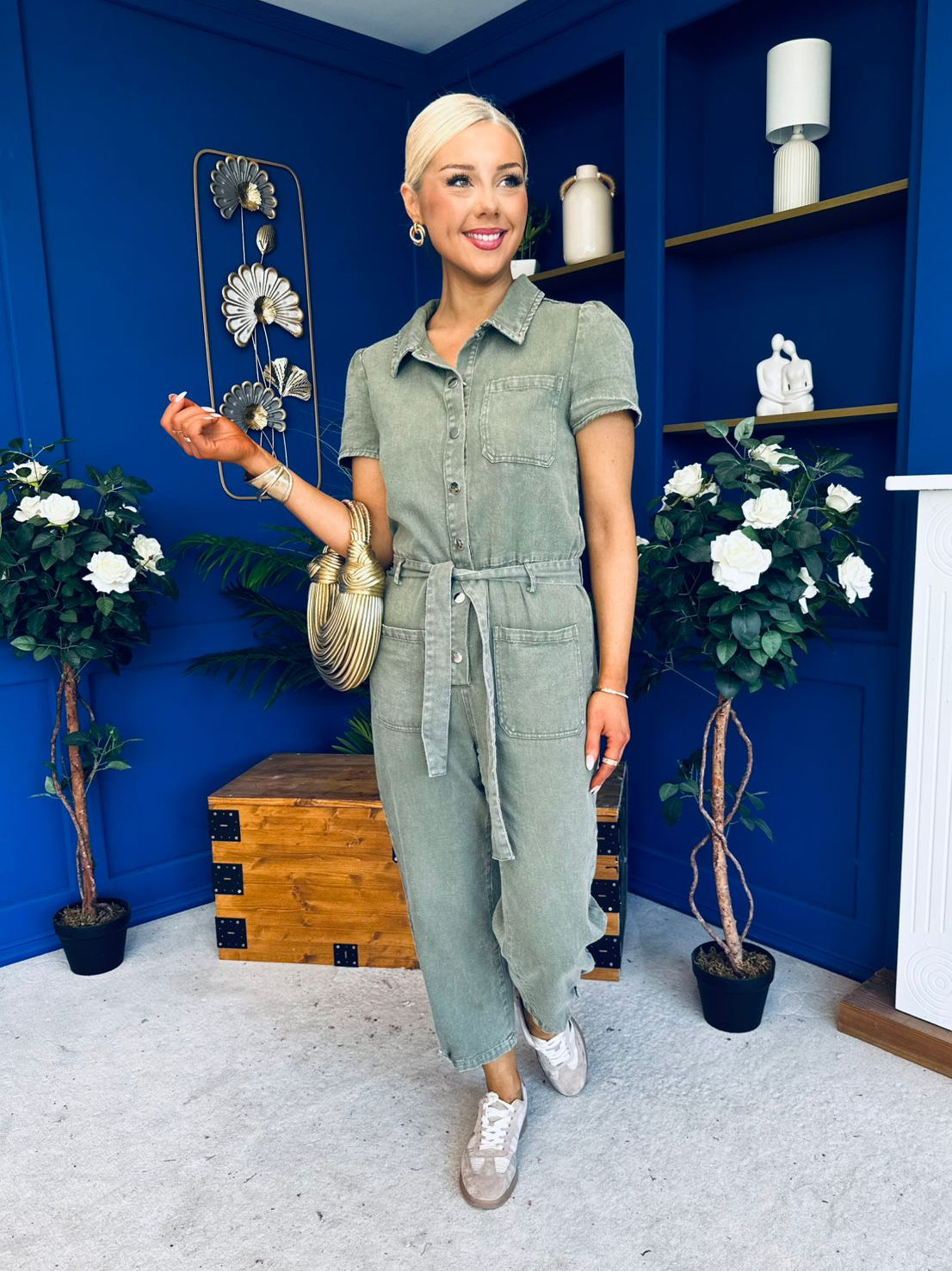 Marissa Short Sleeve Denim Jumpsuit Khaki PRE ORDER Arriving 11 March