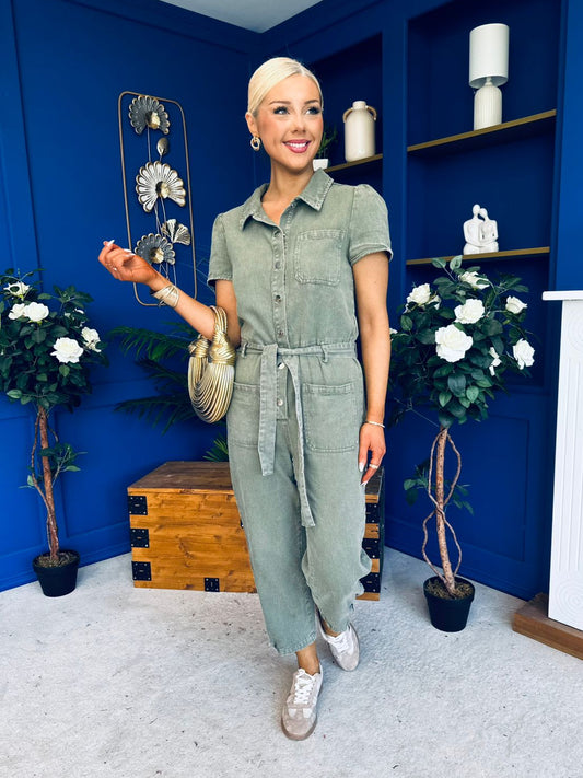Marissa Short Sleeve Denim Jumpsuit Khaki PRE ORDER Arriving 11 March