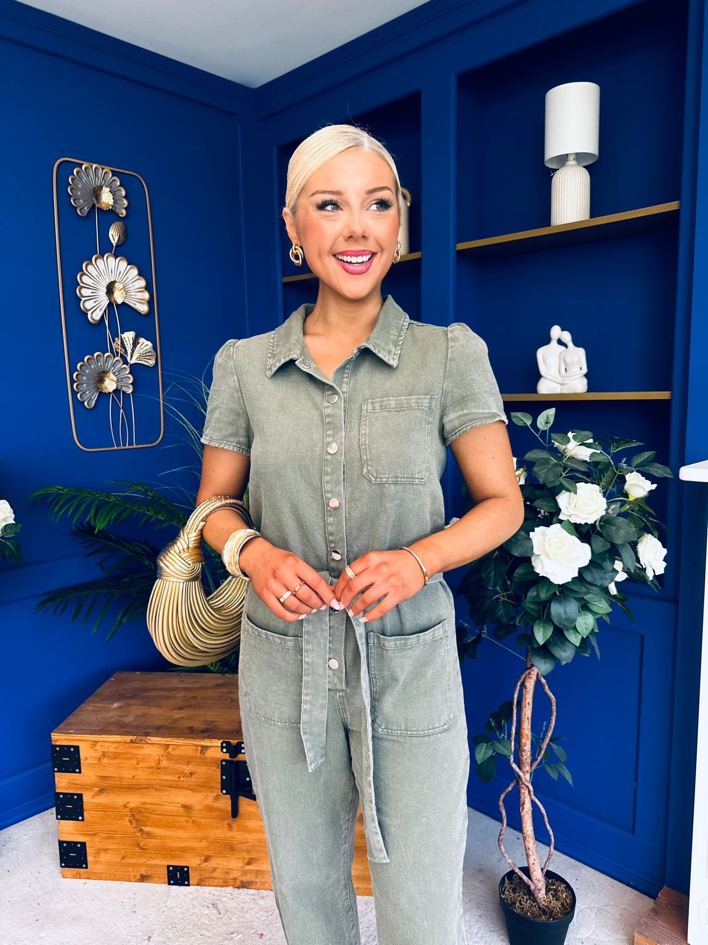 Marissa Short Sleeve Denim Jumpsuit Khaki PRE ORDER Arriving 11 March