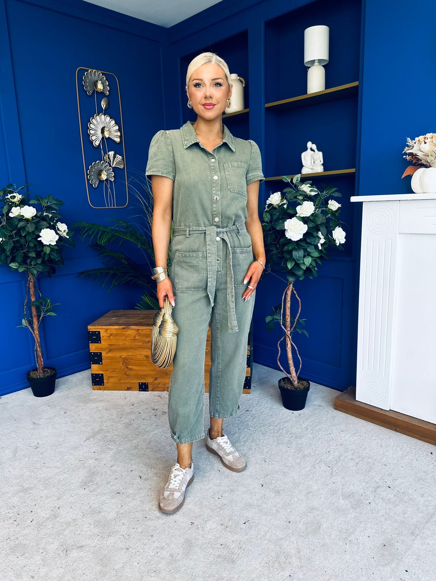 Marissa Short Sleeve Denim Jumpsuit Khaki PRE ORDER Arriving 11 March