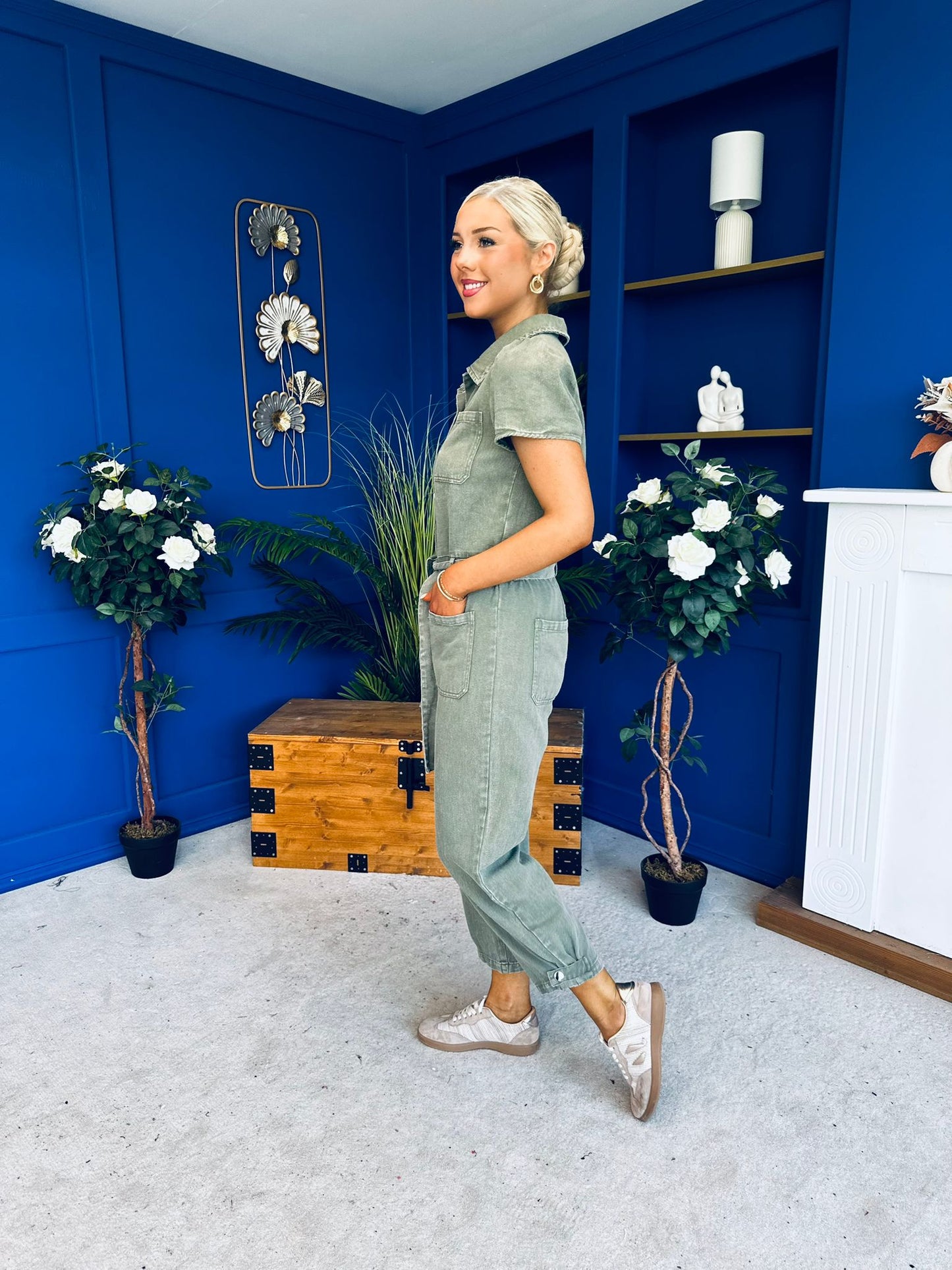 Marissa Short Sleeve Denim Jumpsuit Khaki PRE ORDER Arriving 11 March