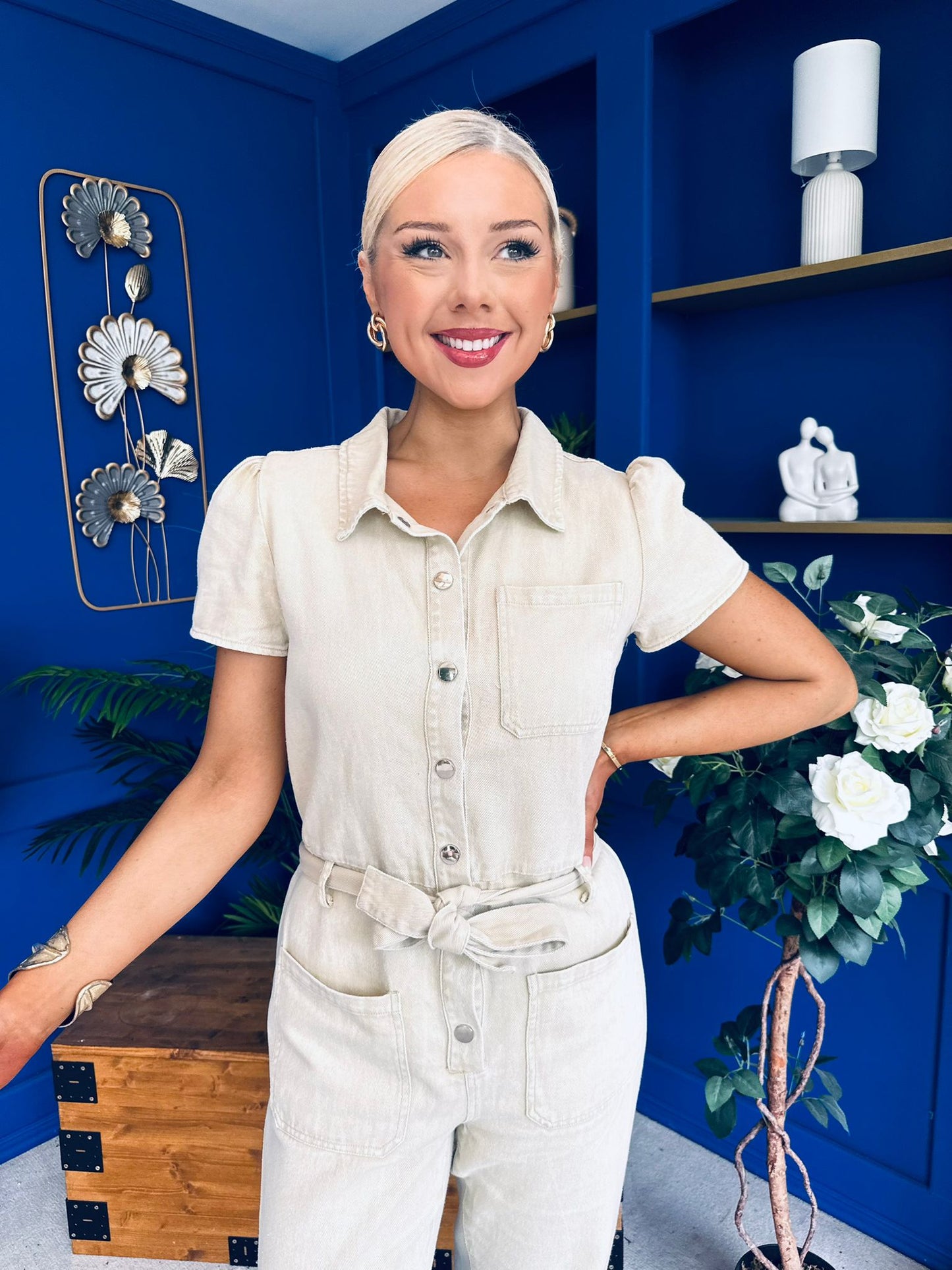 Marissa Short Sleeve Denim Jumpsuit Beige