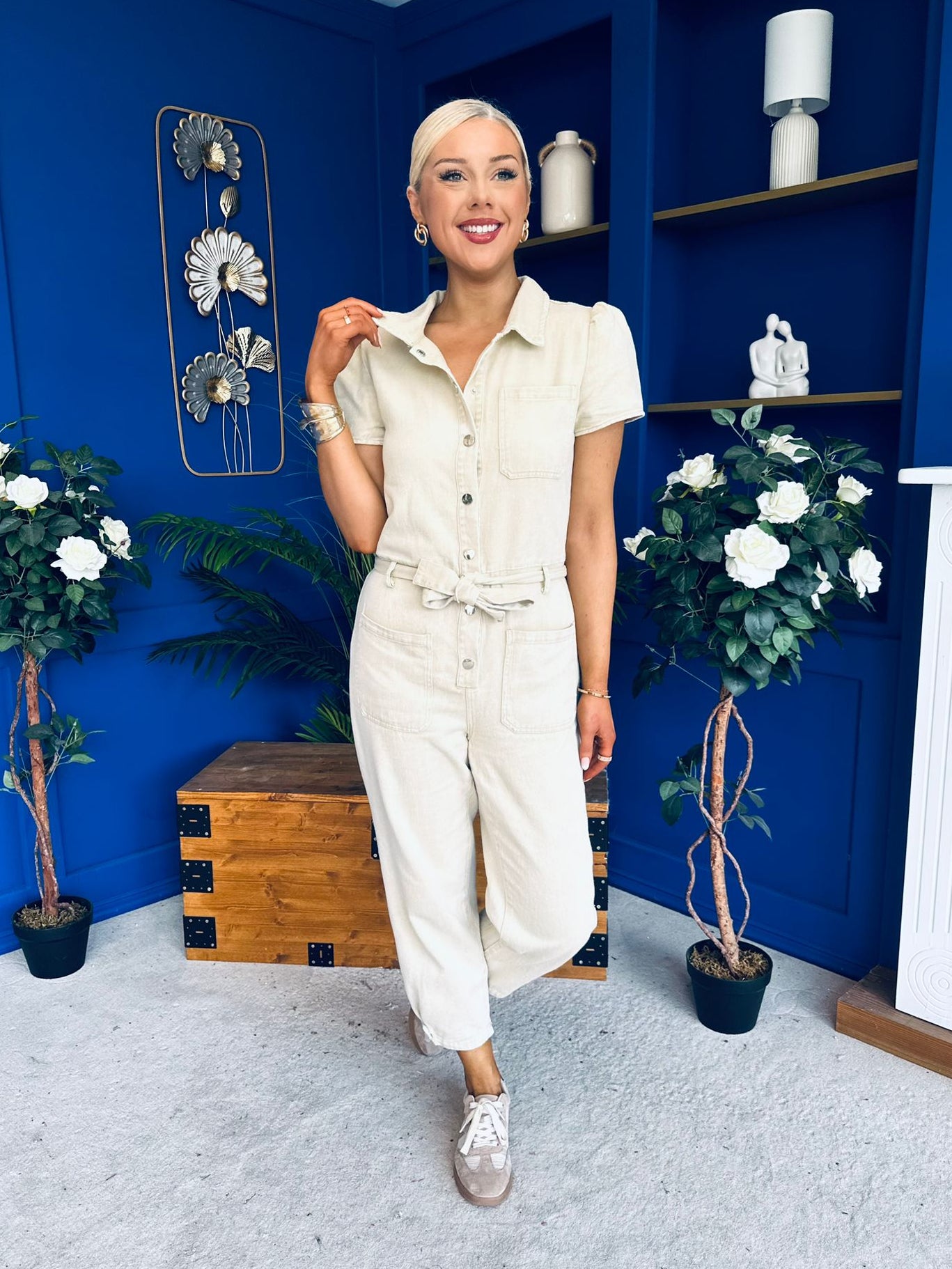Marissa Short Sleeve Denim Jumpsuit Beige