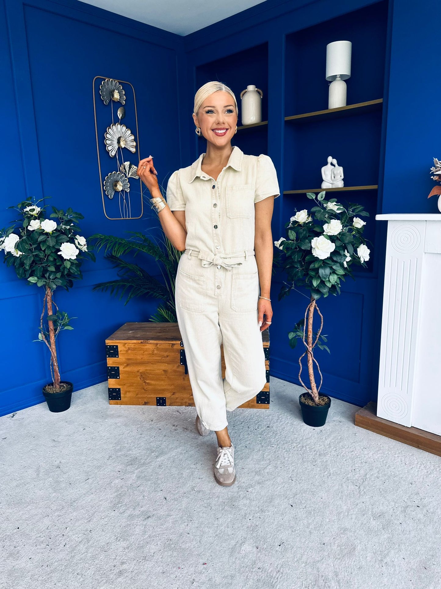 Marissa Short Sleeve Denim Jumpsuit Beige