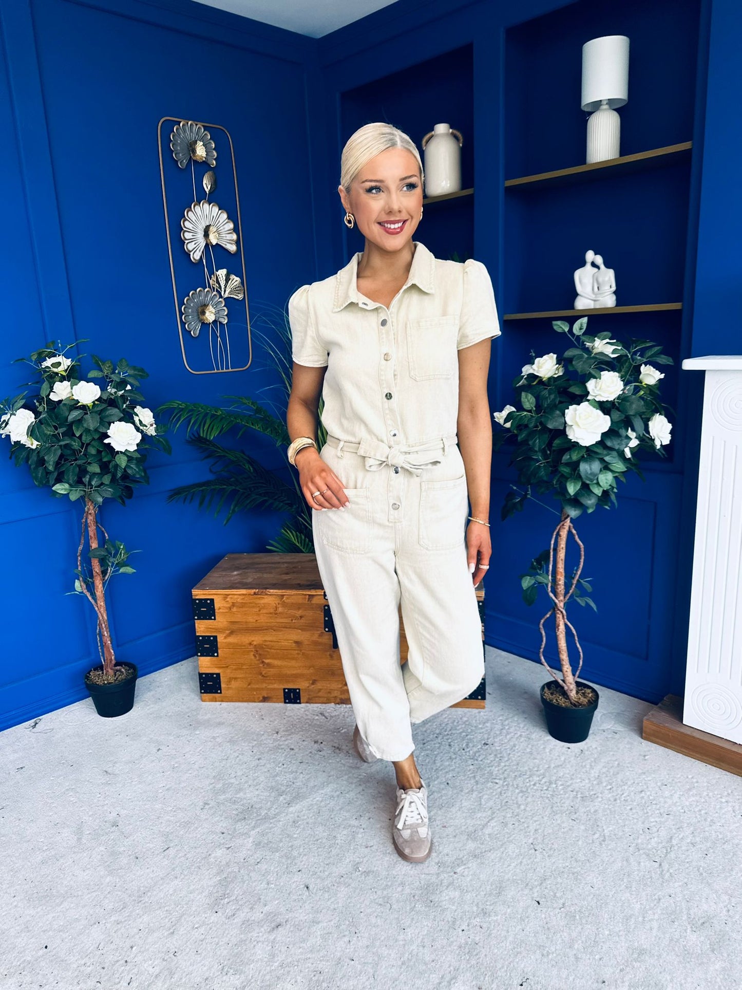 Marissa Short Sleeve Denim Jumpsuit Beige