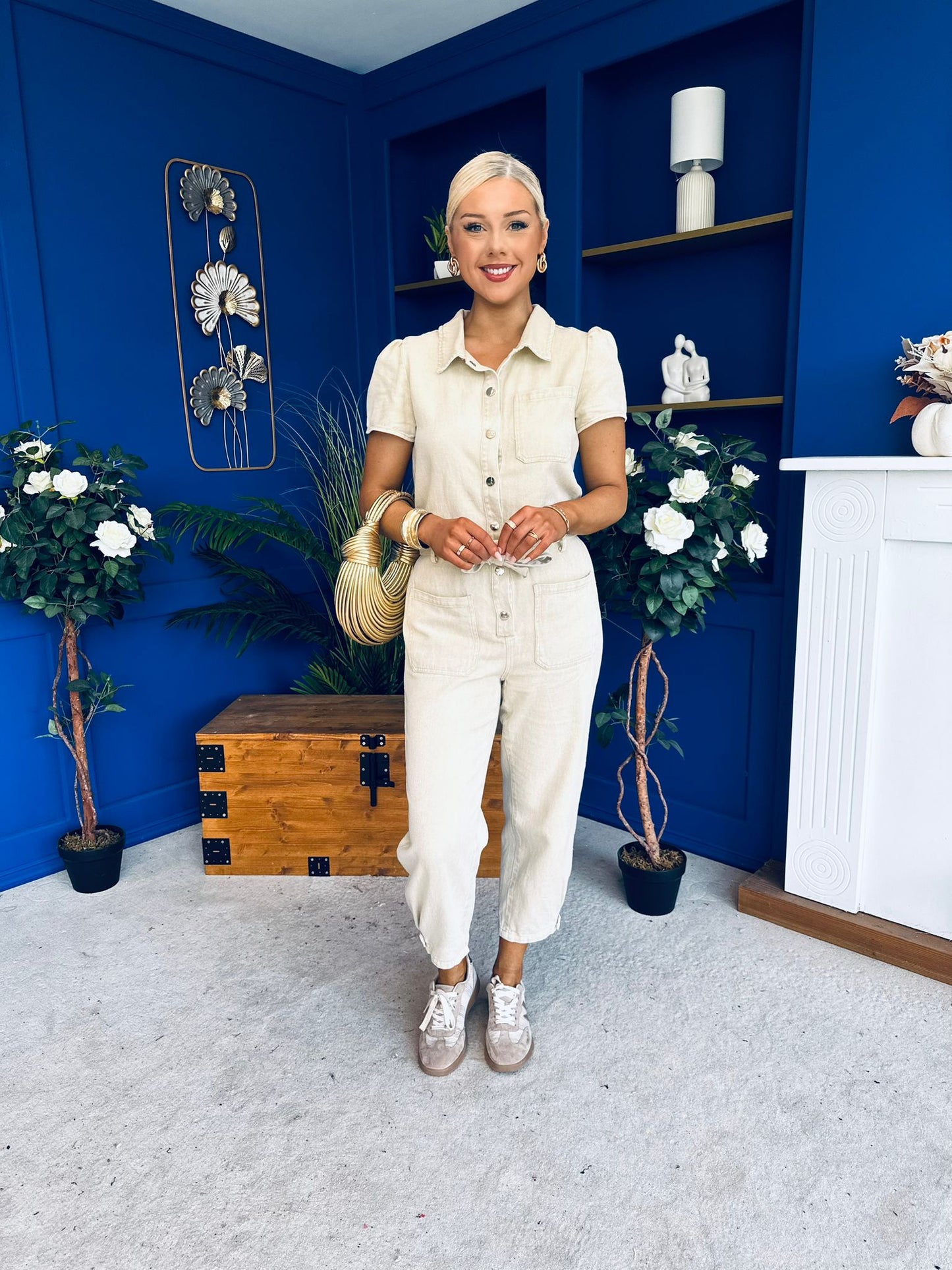 Marissa Short Sleeve Denim Jumpsuit Beige