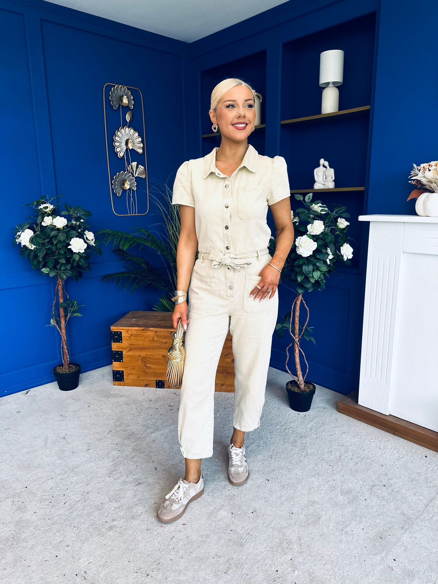 Marissa Short Sleeve Denim Jumpsuit Beige