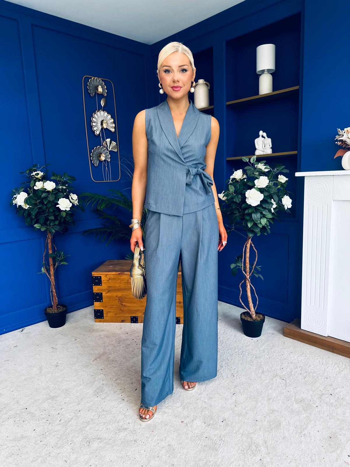 Janis Wrap Waistcoat & Trouser Set Blue