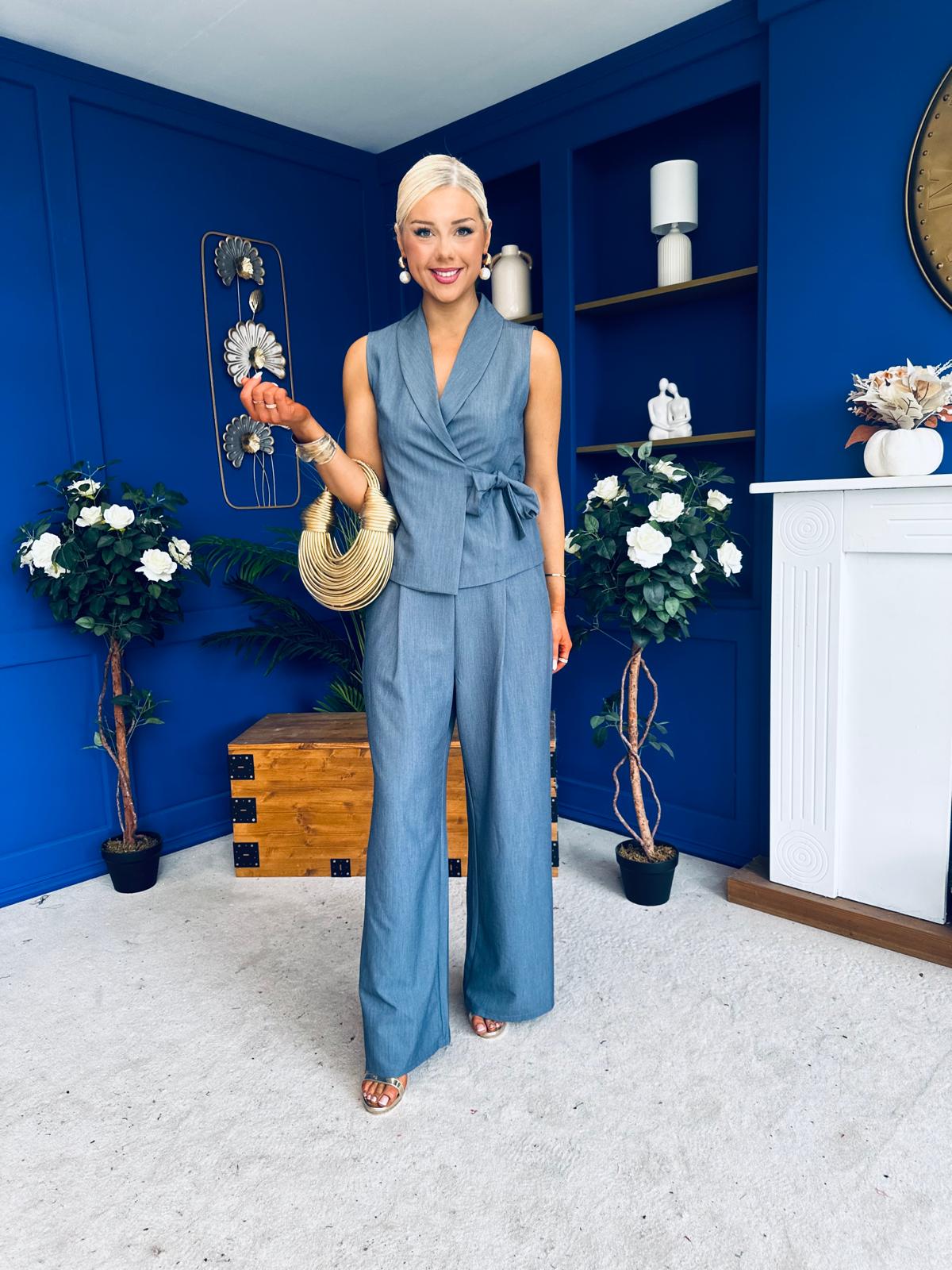 Janis Wrap Waistcoat & Trouser Set Blue