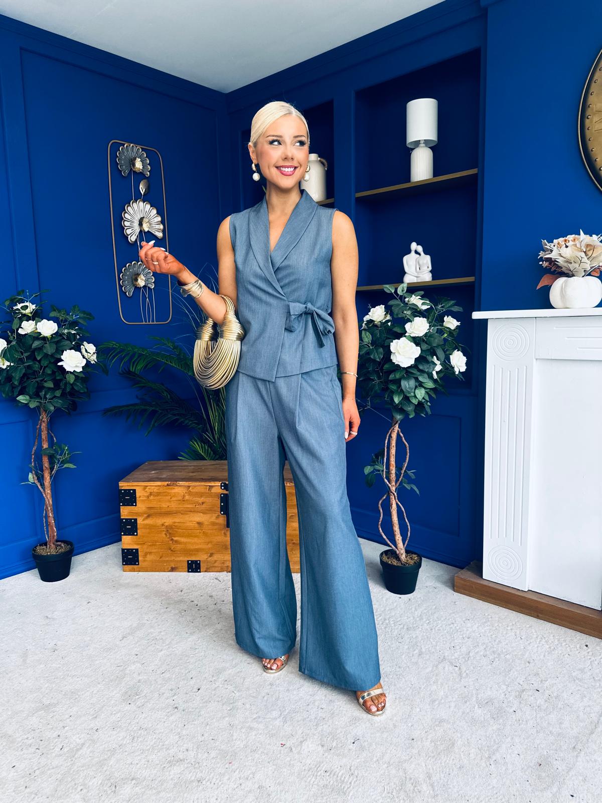 Janis Wrap Waistcoat & Trouser Set Blue