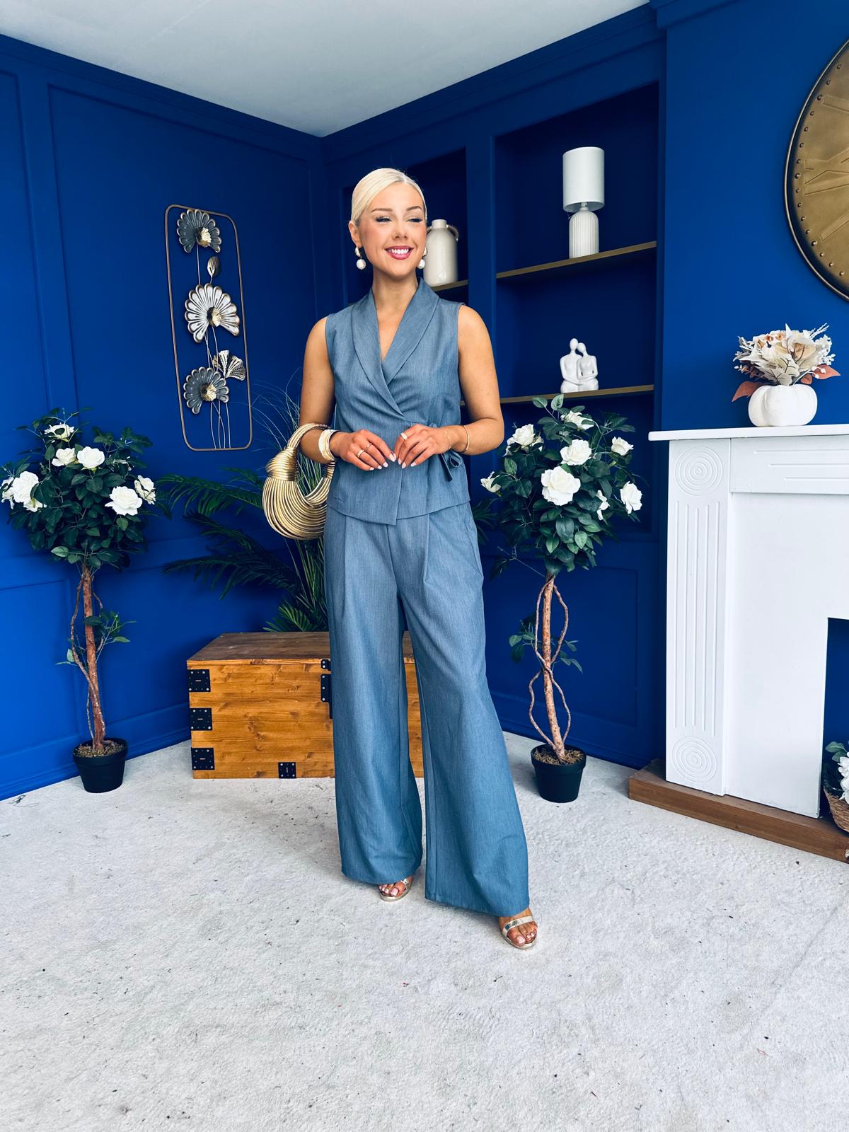 Janis Wrap Waistcoat & Trouser Set Blue