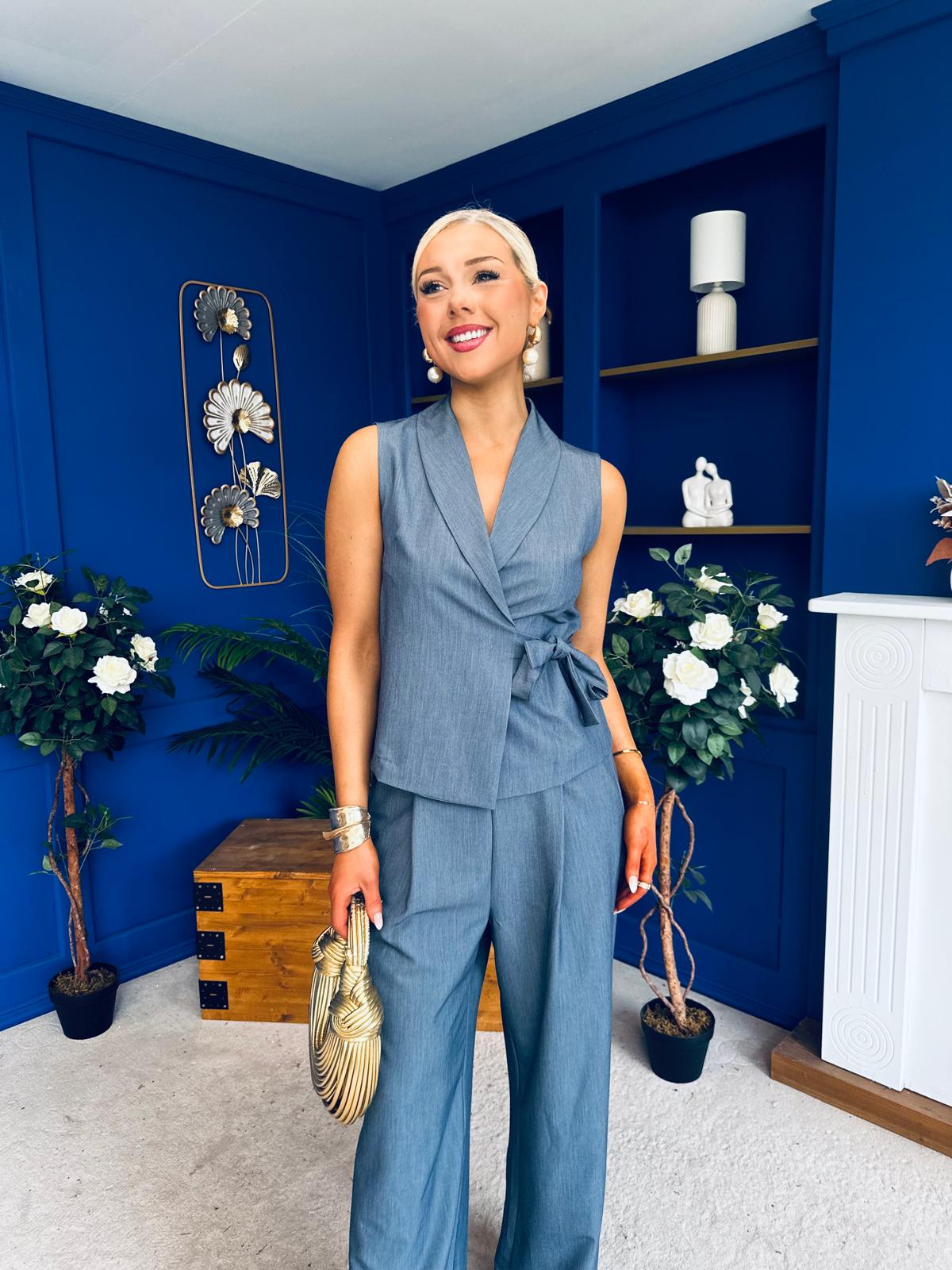 Janis Wrap Waistcoat & Trouser Set Blue