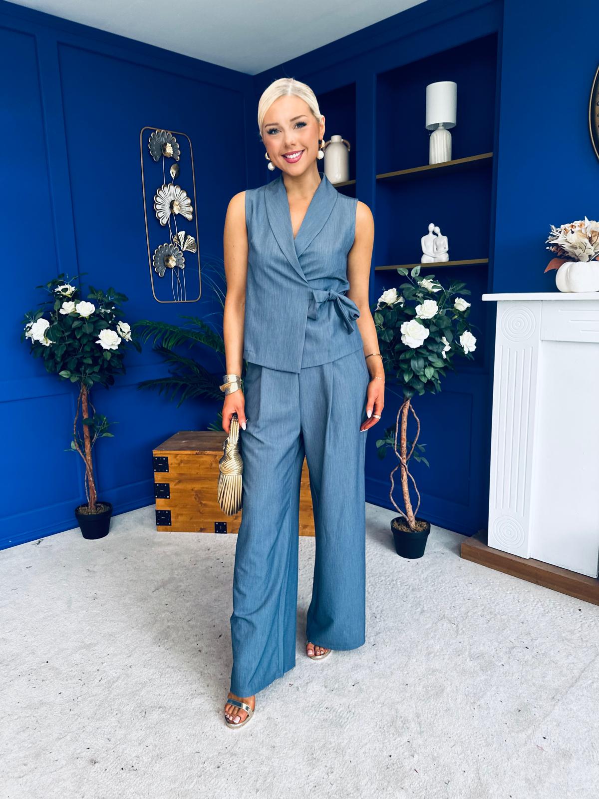 Janis Wrap Waistcoat & Trouser Set Blue