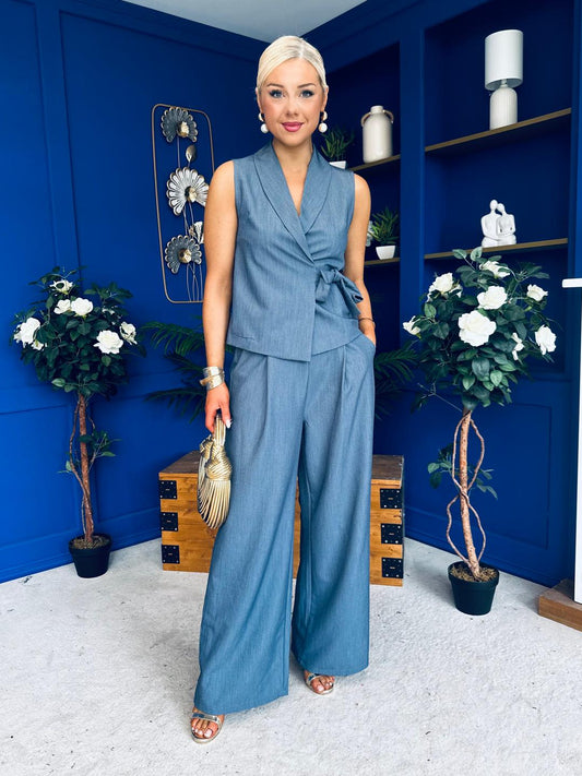 Janis Wrap Waistcoat & Trouser Set Blue