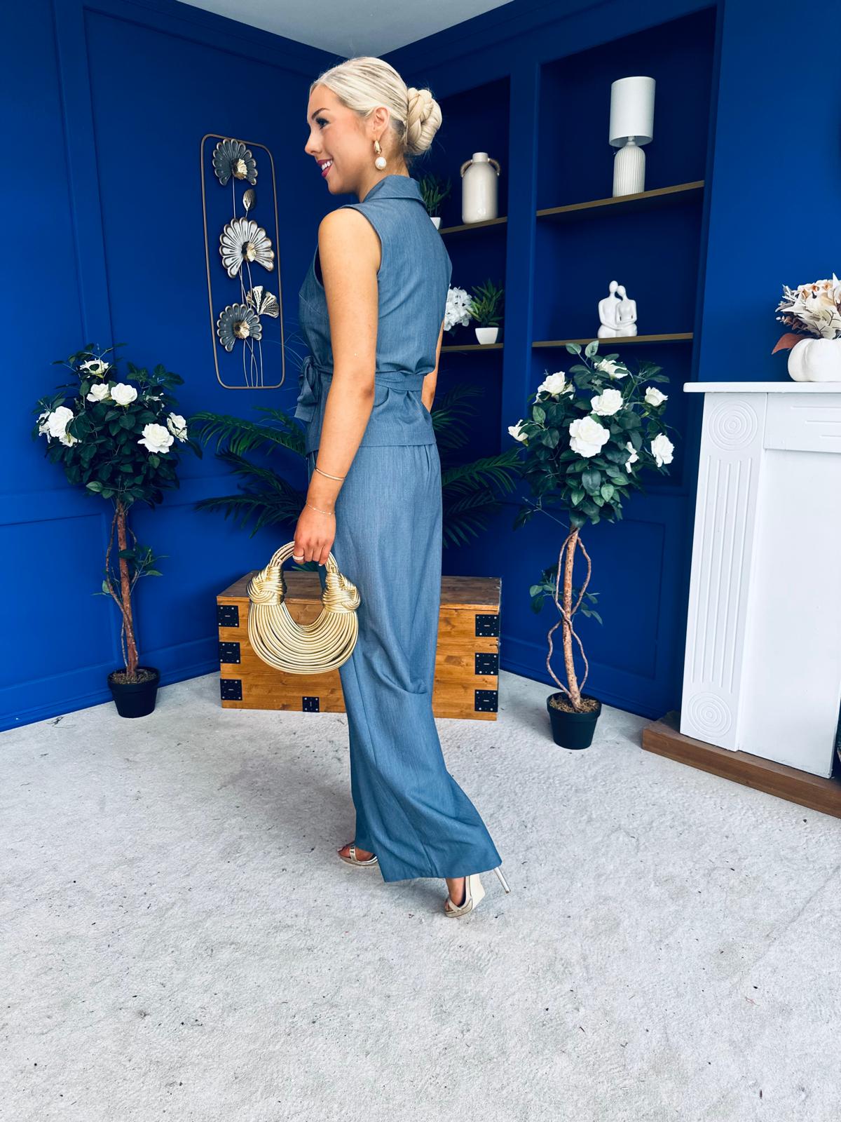 Janis Wrap Waistcoat & Trouser Set Blue