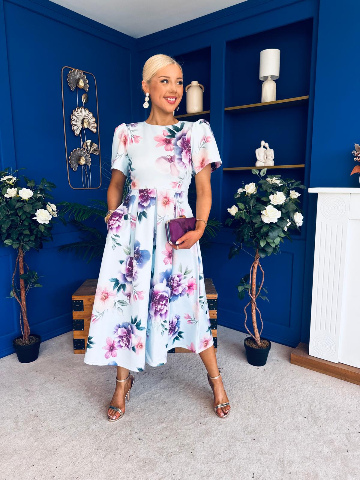 Elowin Short Sleeve Skater Midi Dress Floral Blue