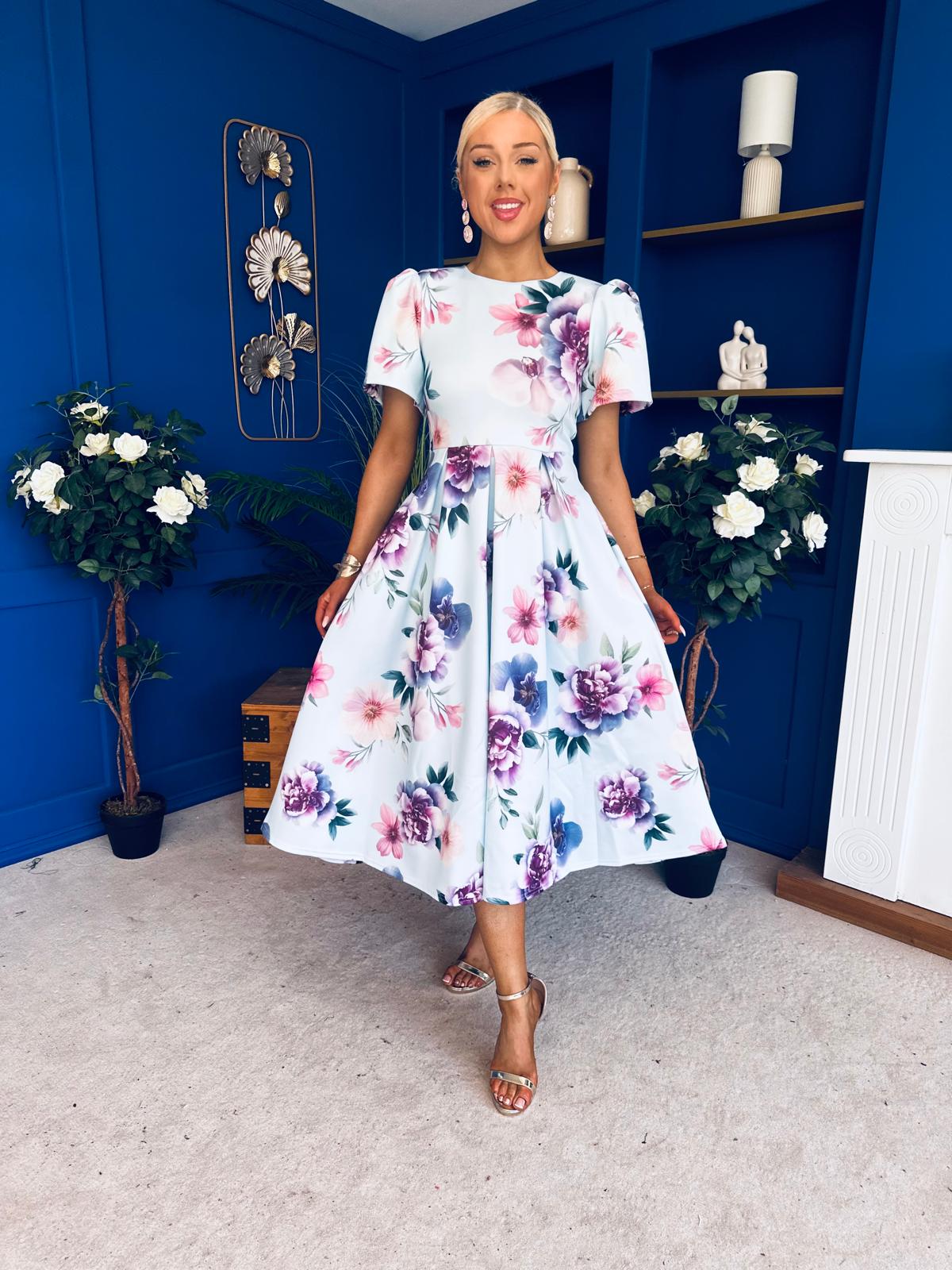 Elowin Short Sleeve Skater Midi Dress Floral Blue