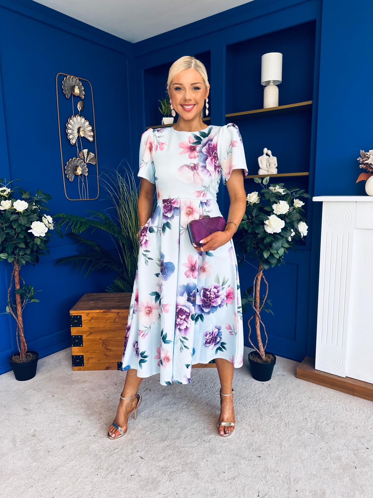 Elowin Short Sleeve Skater Midi Dress Floral Blue