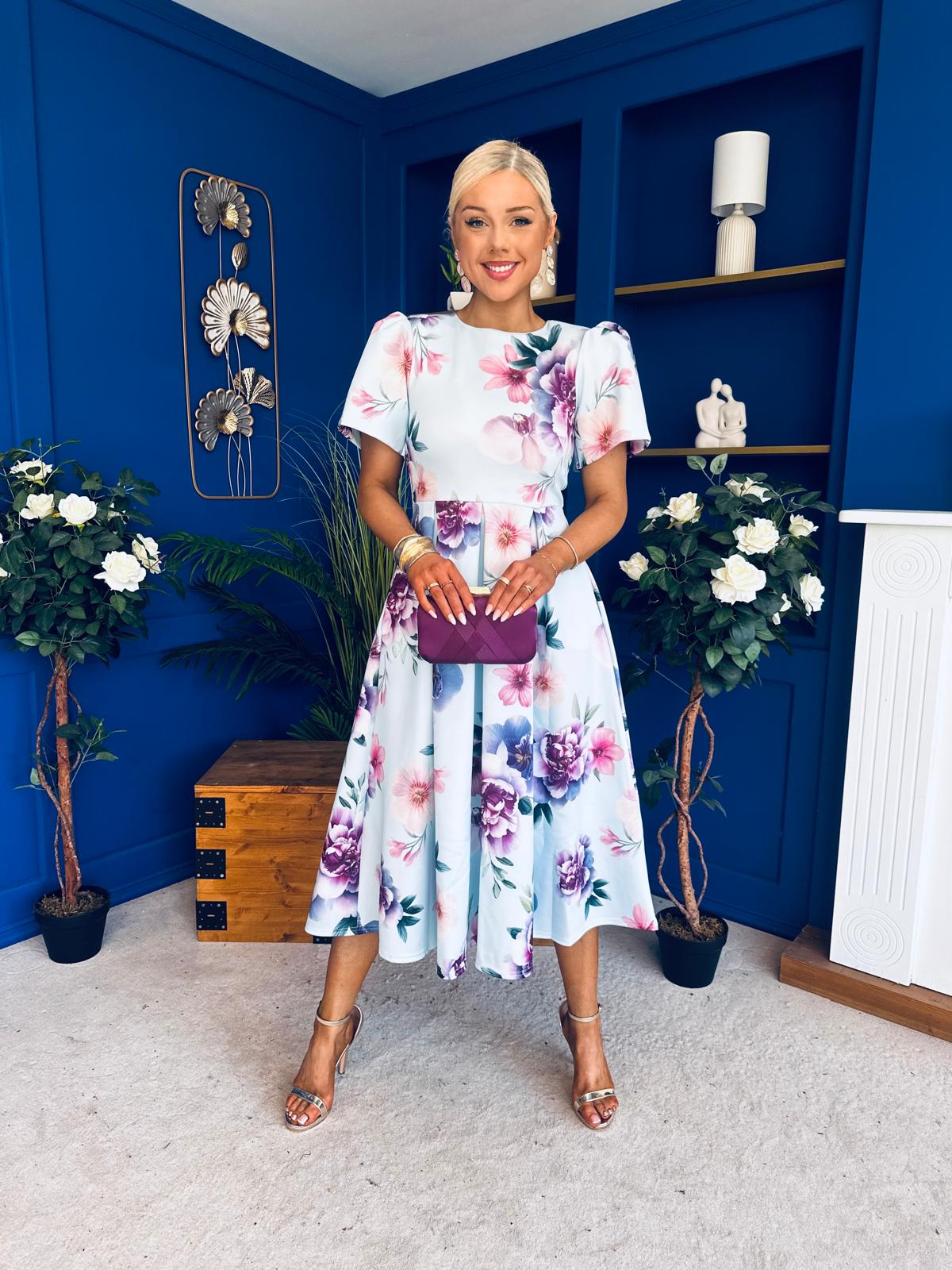 Elowin Short Sleeve Skater Midi Dress Floral Blue