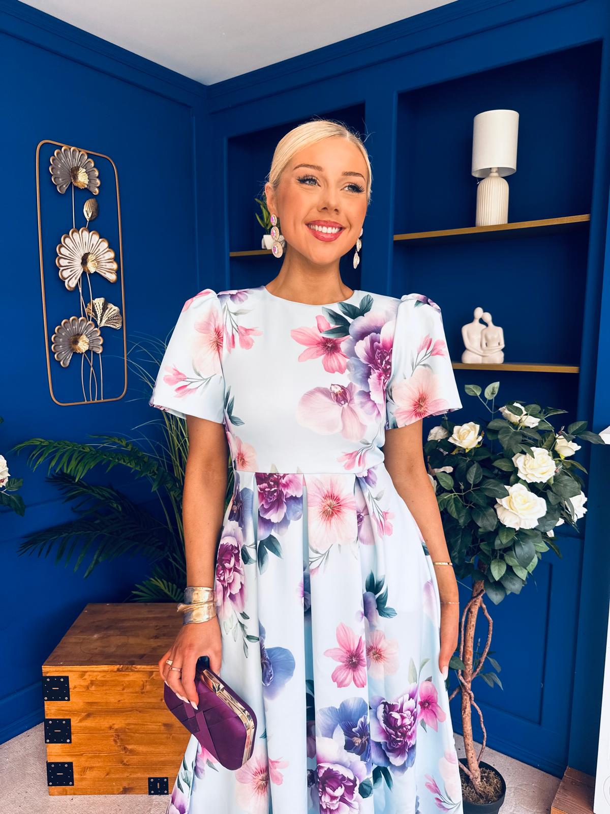 Elowin Short Sleeve Skater Midi Dress Floral Blue