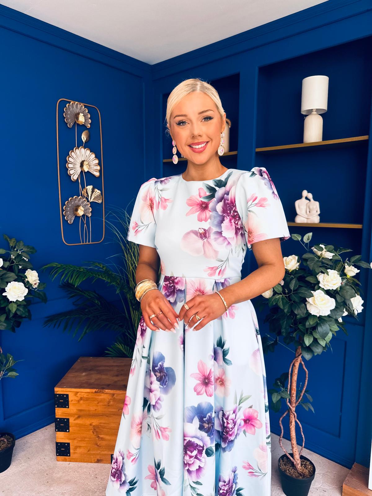 Elowin Short Sleeve Skater Midi Dress Floral Blue