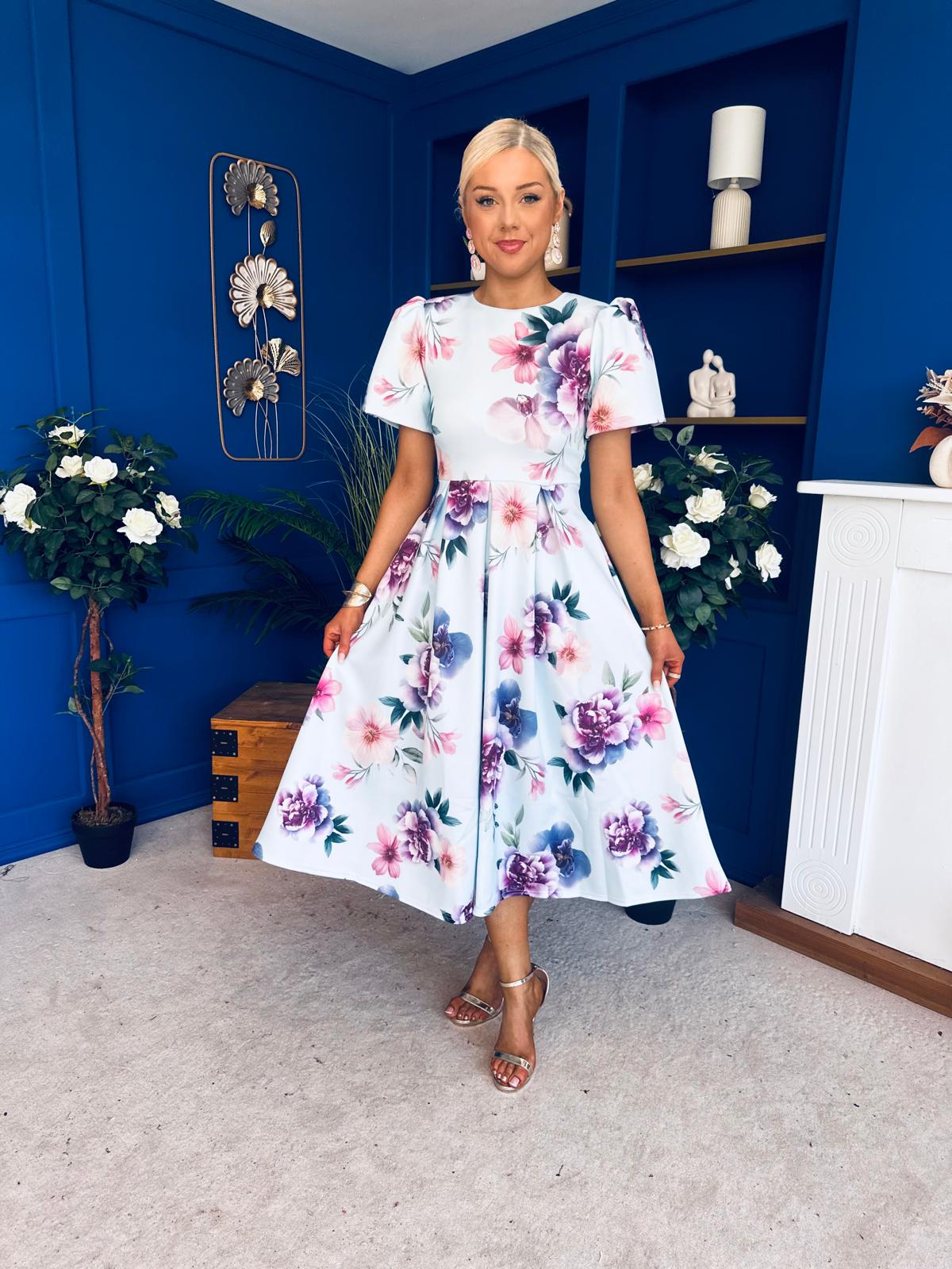 Elowin Short Sleeve Skater Midi Dress Floral Blue