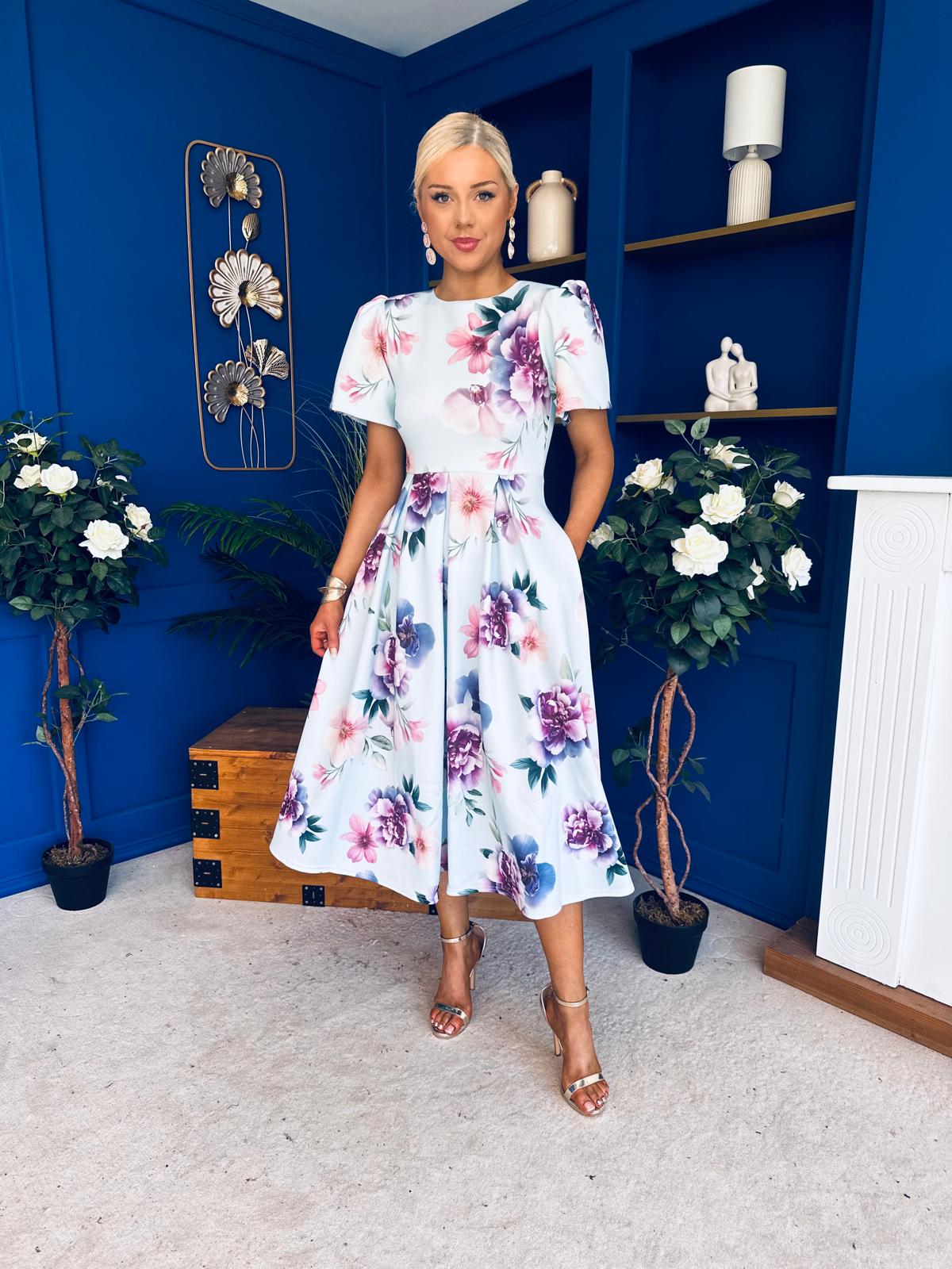 Elowin Short Sleeve Skater Midi Dress Floral Blue