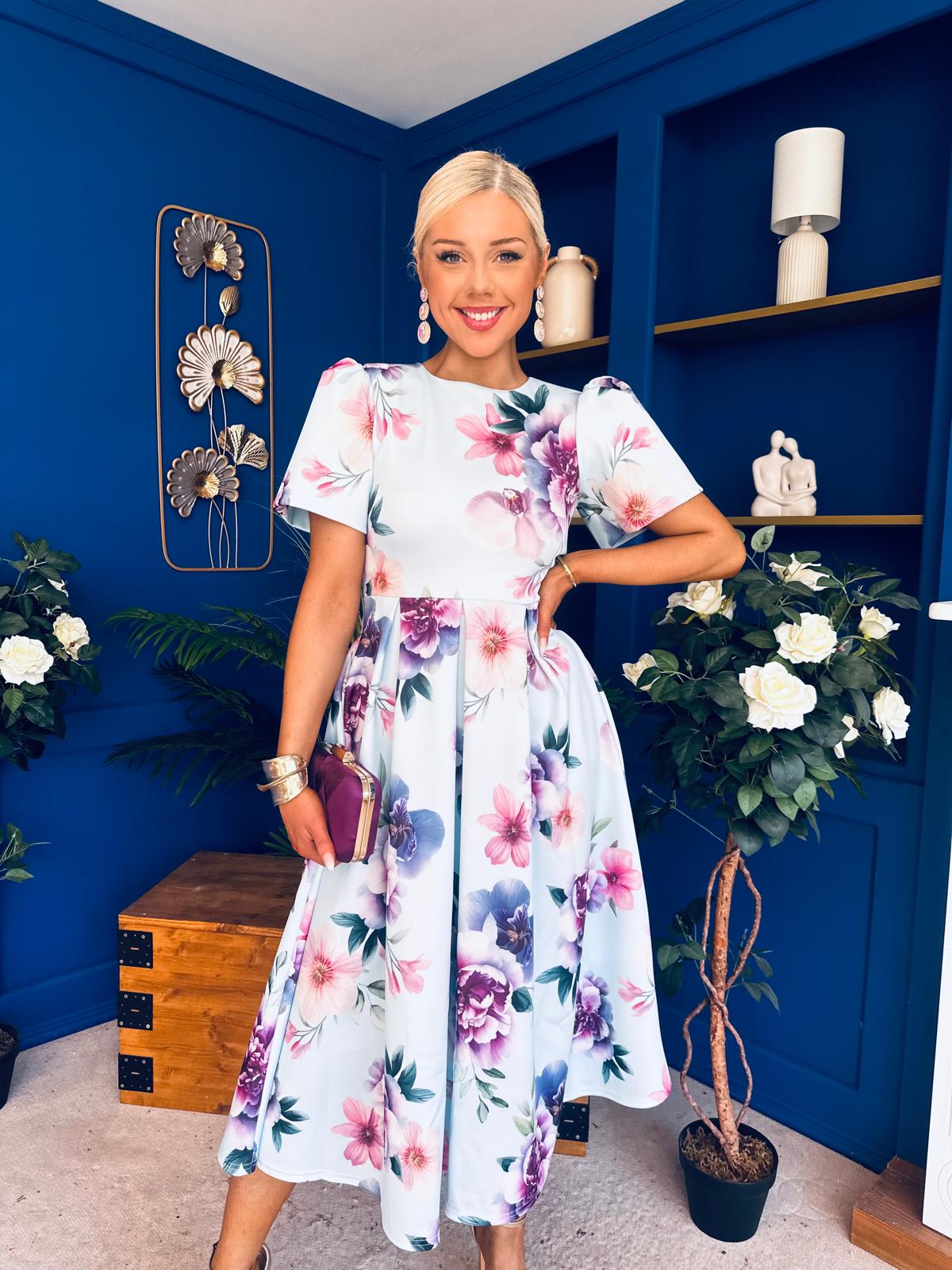 Elowin Short Sleeve Skater Midi Dress Floral Blue
