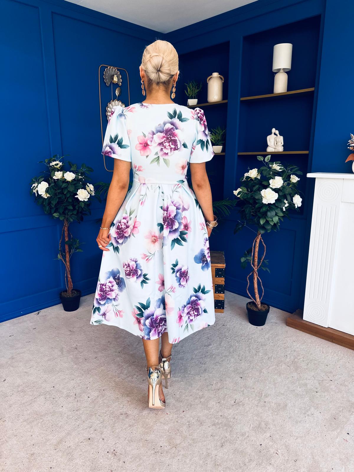 Elowin Short Sleeve Skater Midi Dress Floral Blue