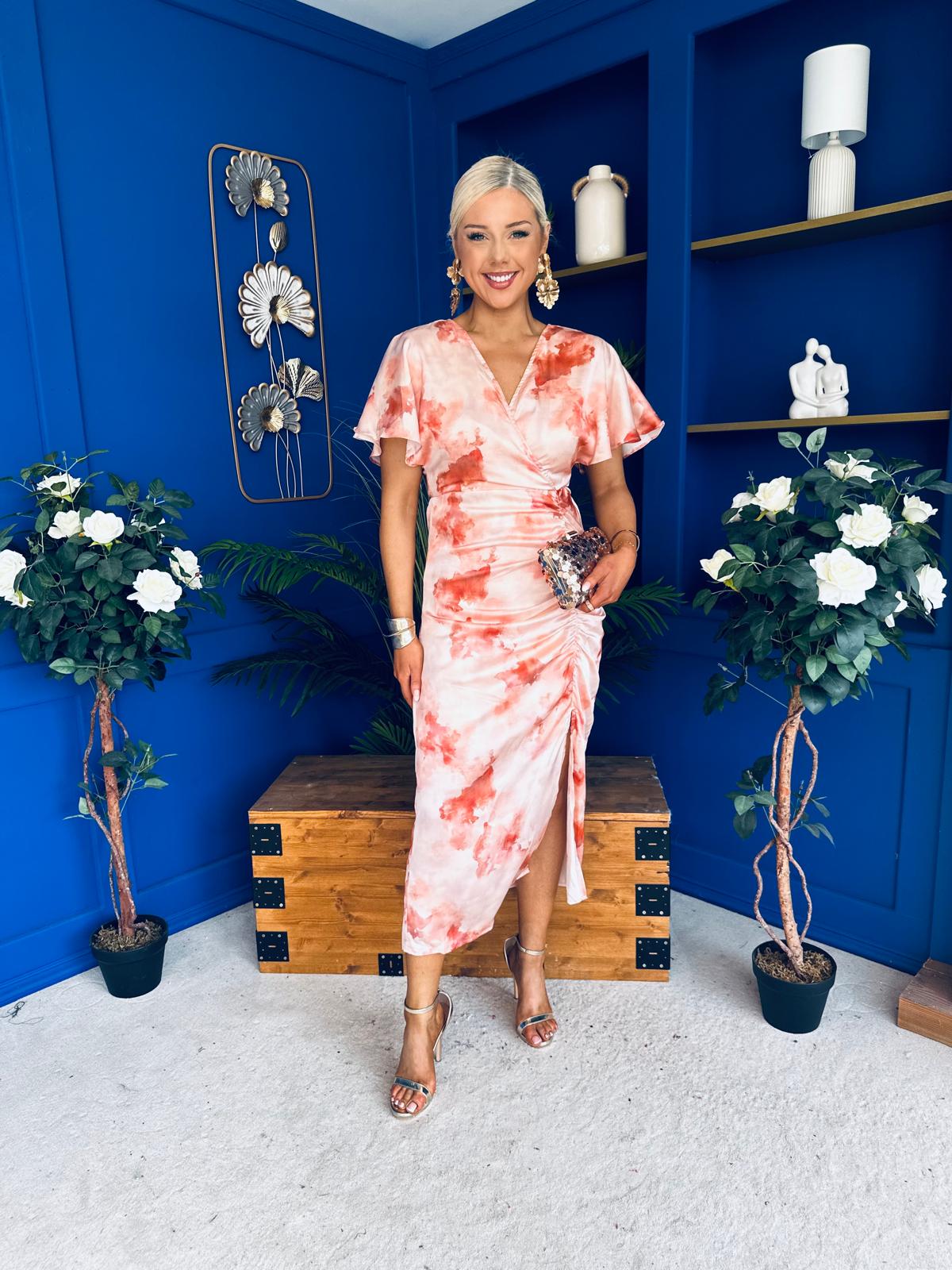 Priscilla Wrap Over Ruched Detail Midi Dress Coral Marble