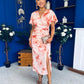 Priscilla Wrap Over Ruched Detail Midi Dress Coral Marble
