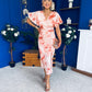Priscilla Wrap Over Ruched Detail Midi Dress Coral Marble