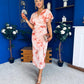 Priscilla Wrap Over Ruched Detail Midi Dress Coral Marble