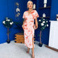 Priscilla Wrap Over Ruched Detail Midi Dress Coral Marble
